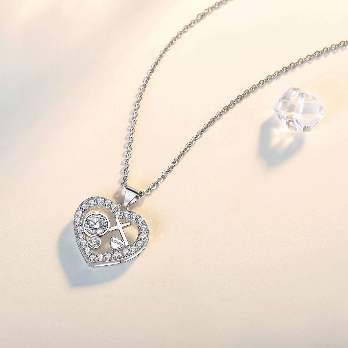 Diamond Cross Heart Pendant Necklace