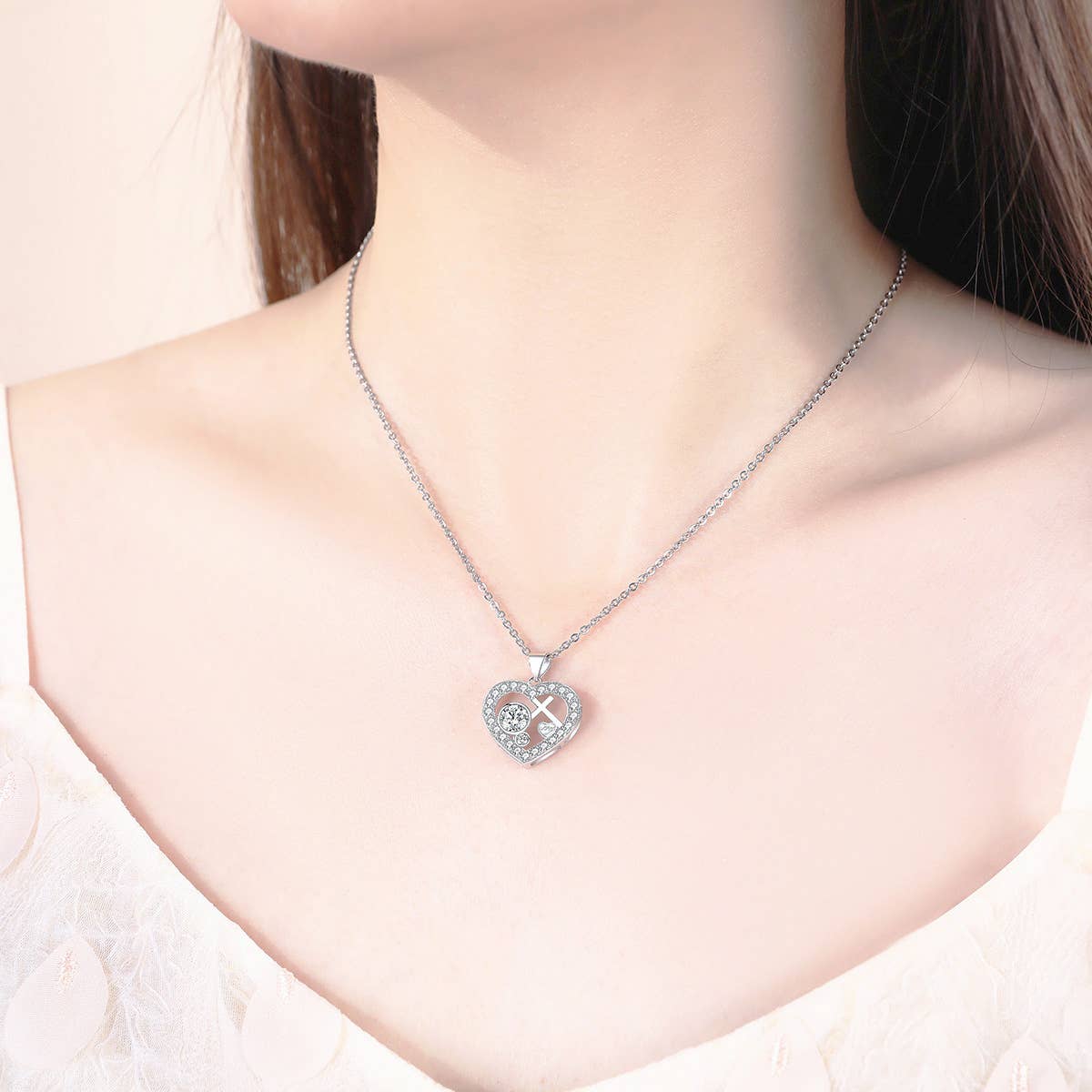 Diamond Cross Heart Pendant Necklace