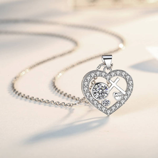 Diamond Cross Heart Pendant Necklace