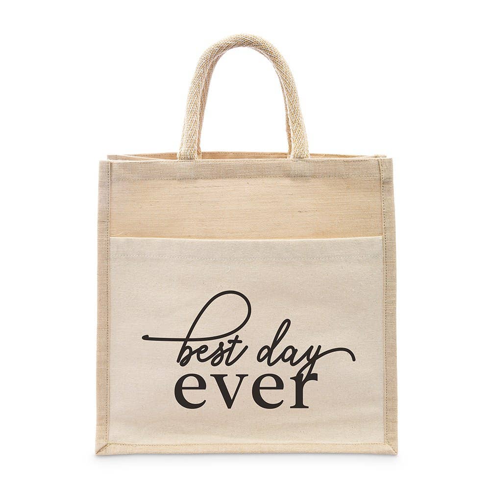 Weddingstar Inc. - Medium Woven Jute Tote Bag With Pocket - Best Day Ever