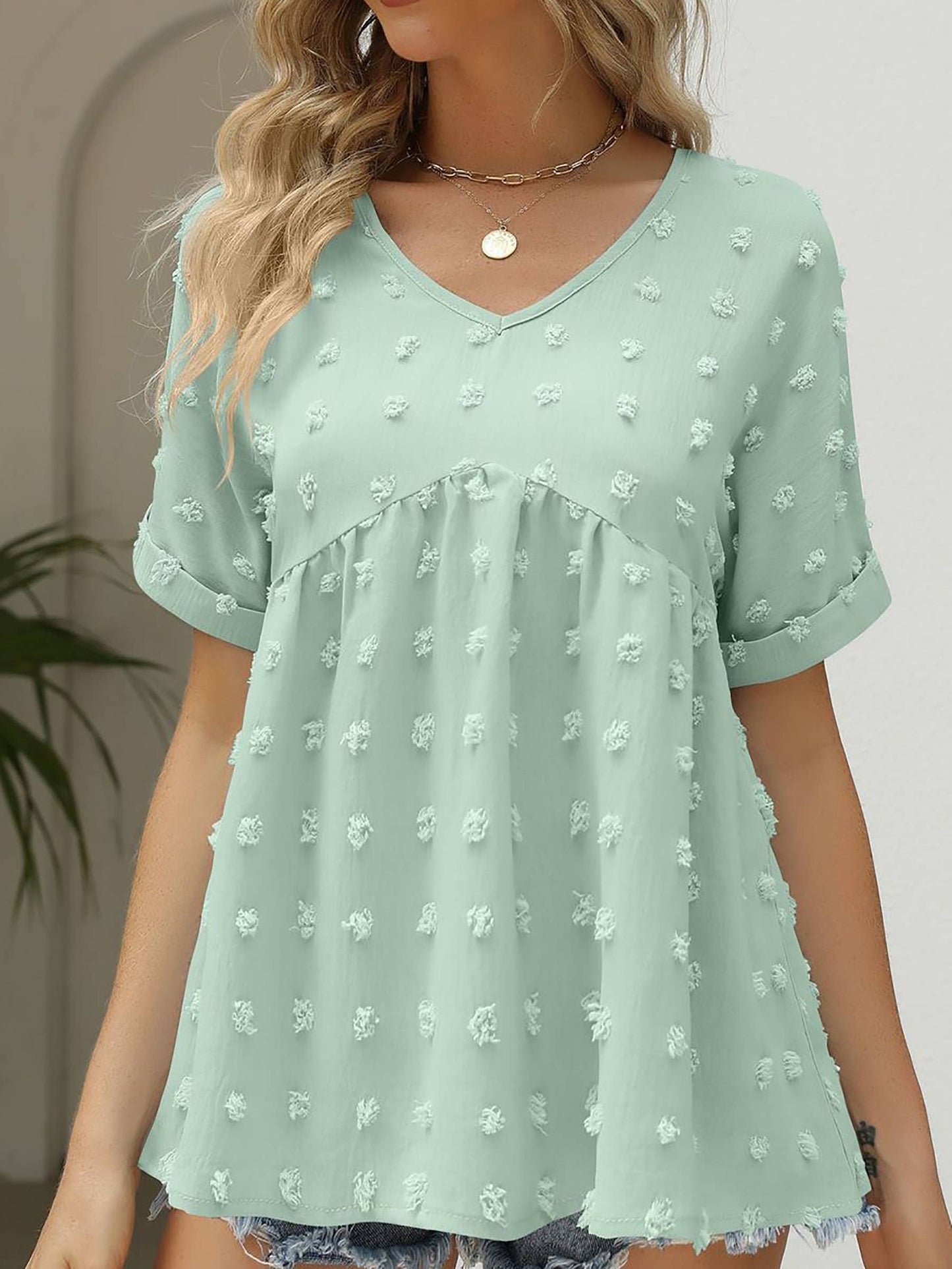 wholesalesir - V-neck Loose Pleated Short Sleeve Chiffon Top