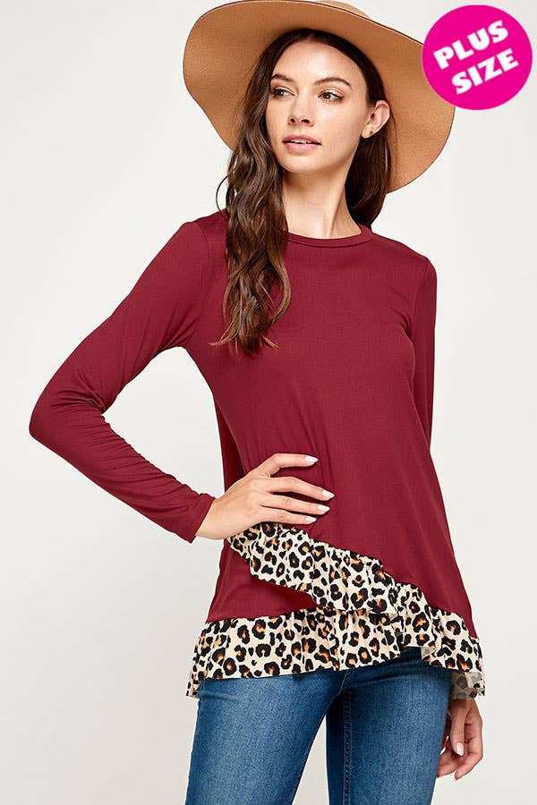 Leopard Ruffle Layered Hem Knit Top