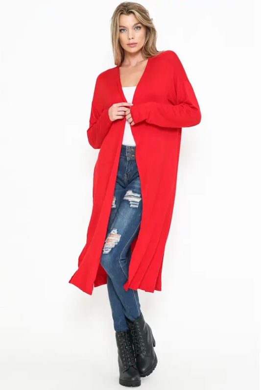 Dorey Red Long Sleeve Duster Cardigan