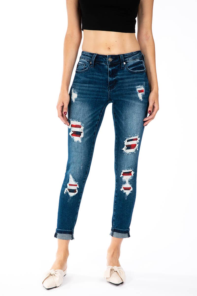 Patty Plaid Patch Mid Rise Jeans