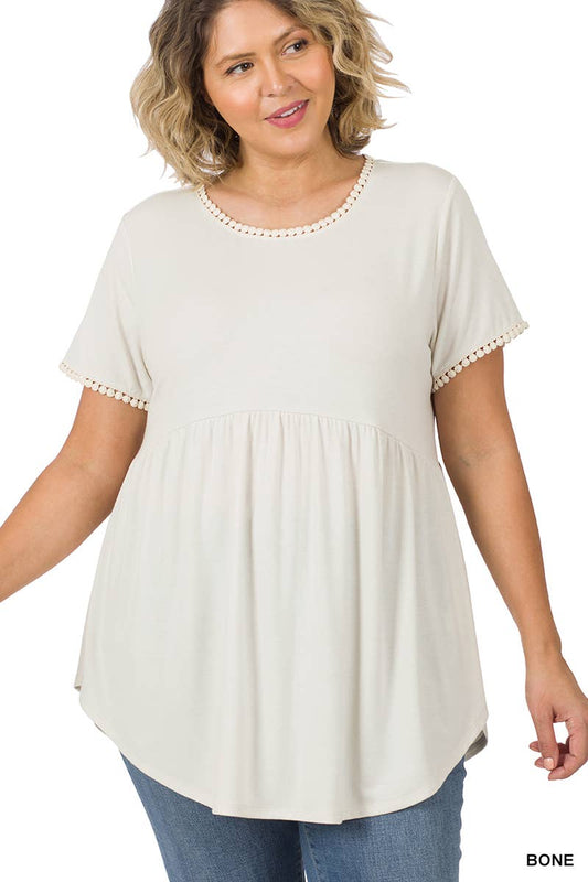 42POPS - ..SI-22867 PLUS SIZE SHORT SLEEVE EMPIRE WAIST SHIRRING TOP WITH PO: BONE-139981 / 1X