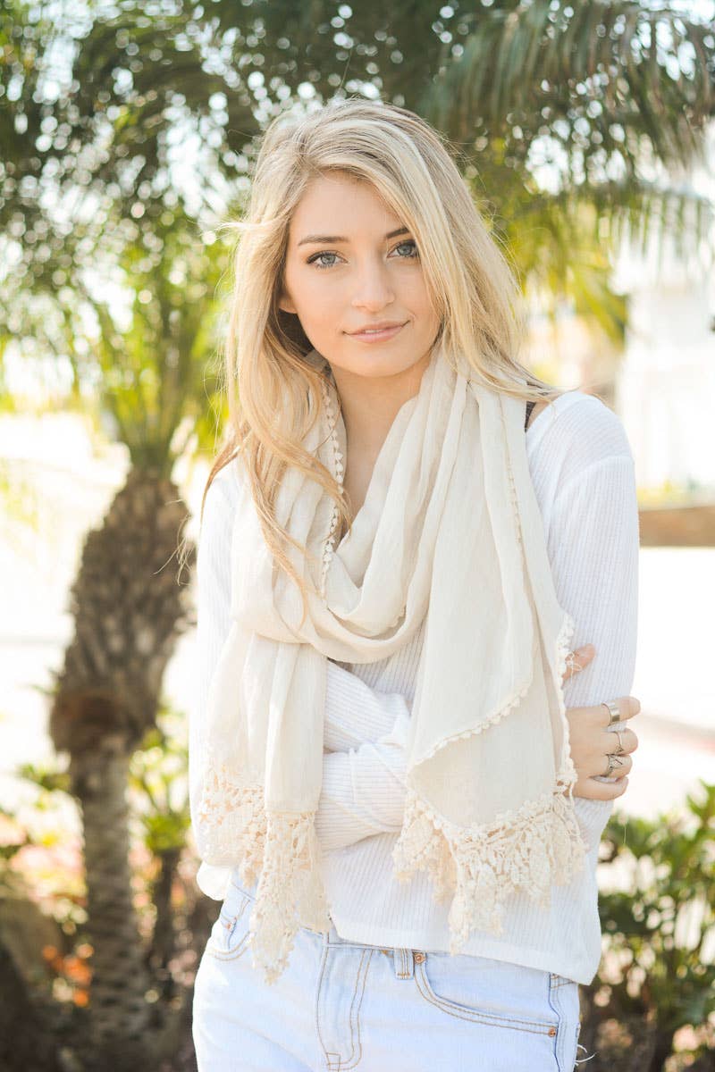 Floral Lace Embroidered Trim Scarf
